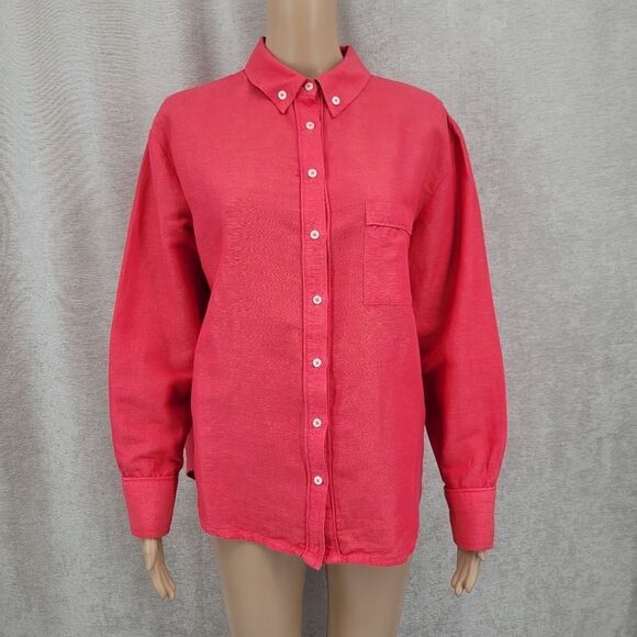 Anthropologie Maeve Coral Red Linen Button Down Blouse Long Sleeve Shirt - Picture 1 of 11